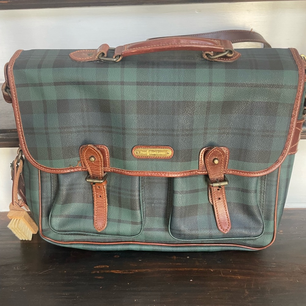 Polo by Ralph Lauren Green and Black Plaid Leather-Trim Messenger Briefcase